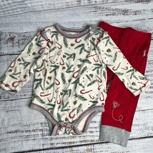 Burts Bees 3-6 Months Christmas Candy Cane Bodysuit Pants Set Organic Cotton